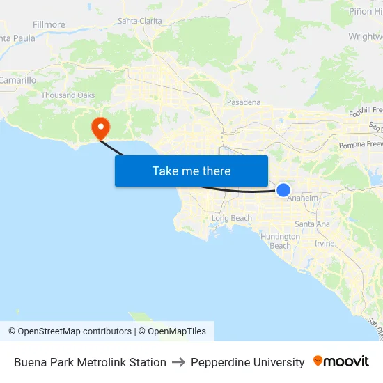 Buena Park Metrolink Station to Pepperdine University map