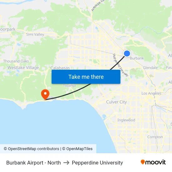 Burbank Airport - North to Pepperdine University map