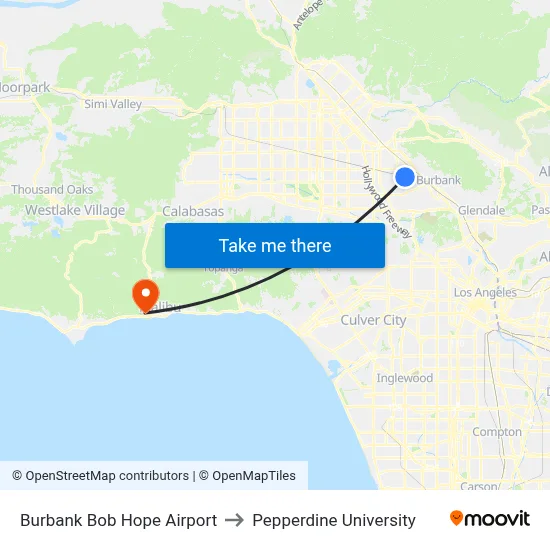 Burbank Bob Hope Airport to Pepperdine University map