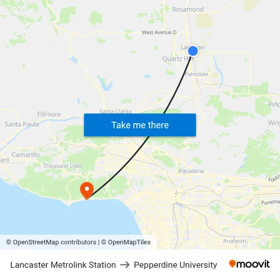Lancaster Metrolink Station to Pepperdine University map