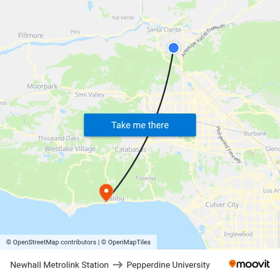 Newhall Metrolink Station to Pepperdine University map