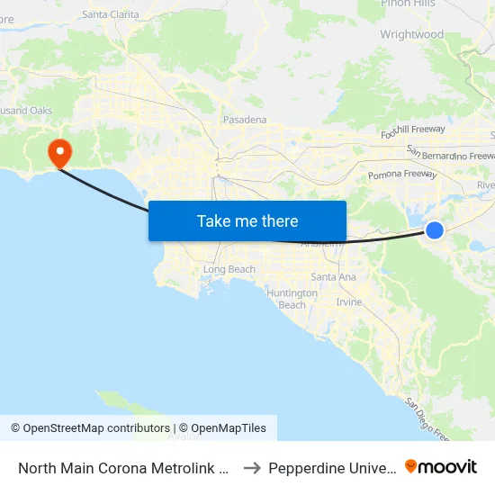 North Main Corona Metrolink Station to Pepperdine University map