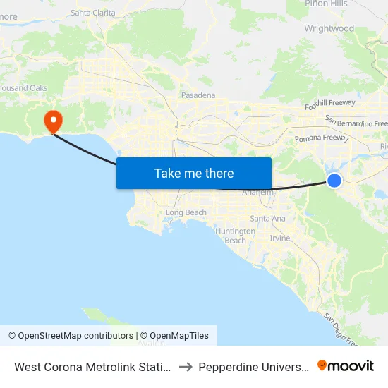 West Corona Metrolink Station to Pepperdine University map
