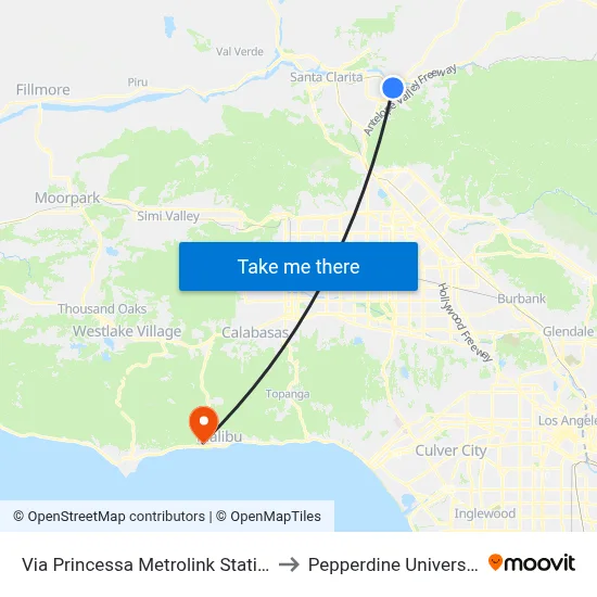Via Princessa Metrolink Station to Pepperdine University map