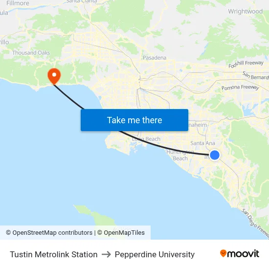 Tustin Metrolink Station to Pepperdine University map
