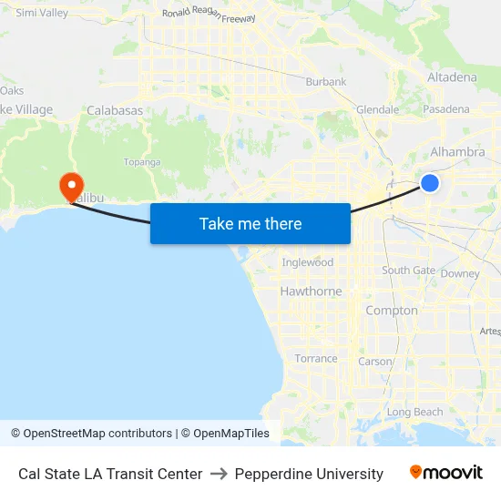 Cal State LA Transit Center to Pepperdine University map