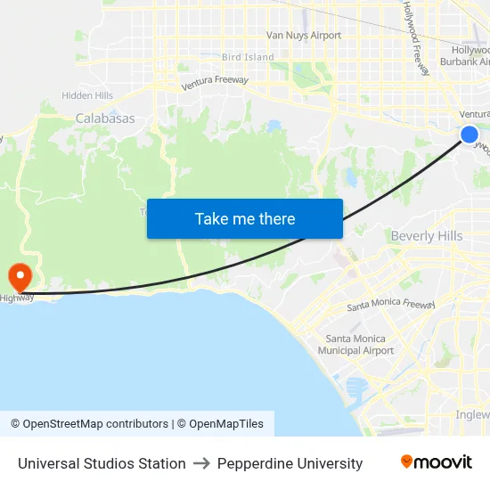 Universal Studios Station to Pepperdine University map