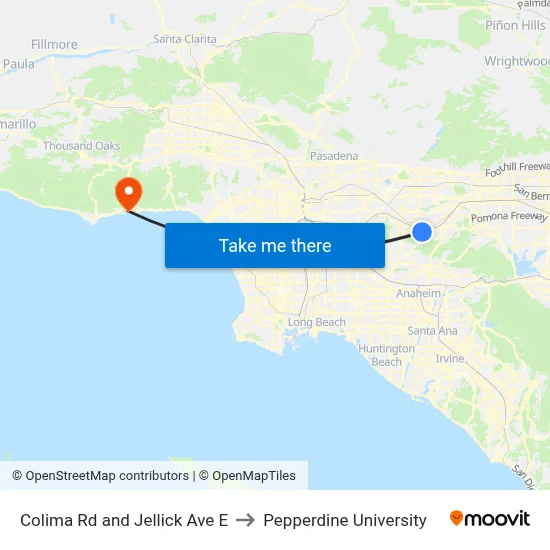 Colima Rd and Jellick Ave E to Pepperdine University map