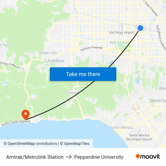 Amtrak/Metrolink Station to Pepperdine University map