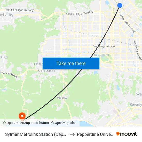 Sylmar Metrolink Station (Departing) to Pepperdine University map