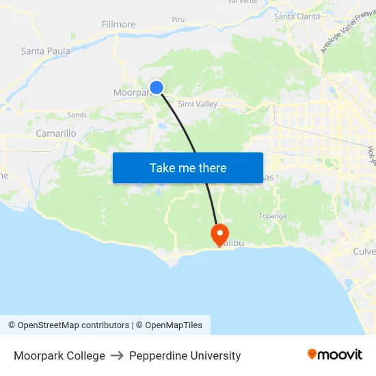 Moorpark College to Pepperdine University map