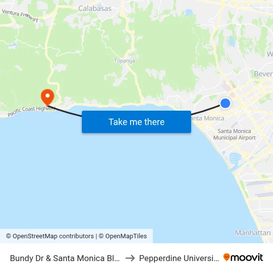 Bundy Dr & Santa Monica Blvd to Pepperdine University map