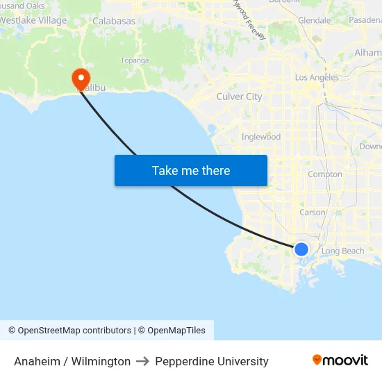 Anaheim / Wilmington to Pepperdine University map