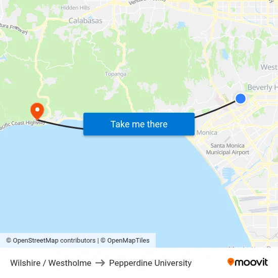 Wilshire / Westholme to Pepperdine University map