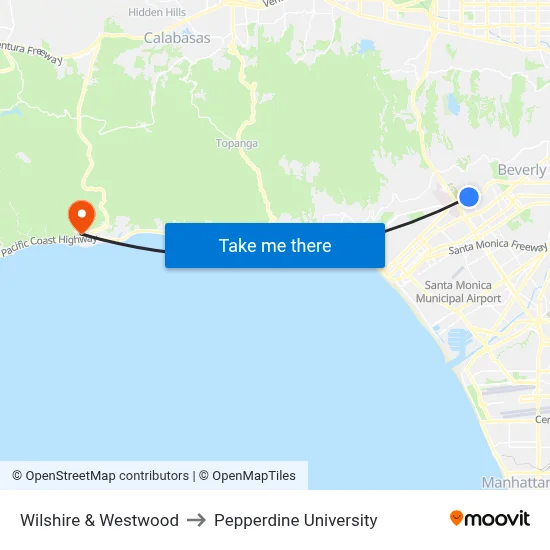 Wilshire & Westwood to Pepperdine University map