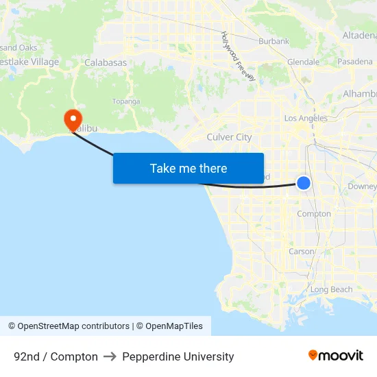 92nd / Compton to Pepperdine University map