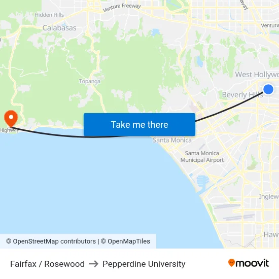 Fairfax / Rosewood to Pepperdine University map