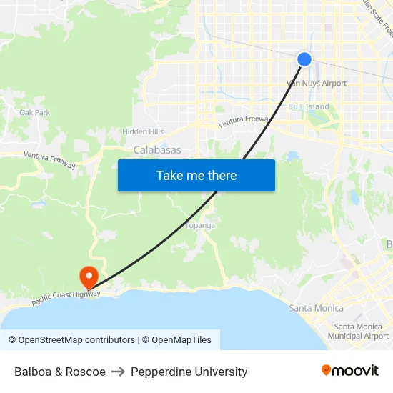 Balboa & Roscoe to Pepperdine University map