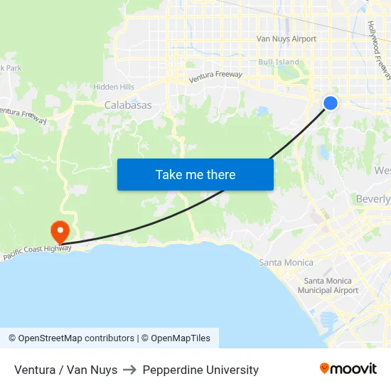 Ventura / Van Nuys to Pepperdine University map