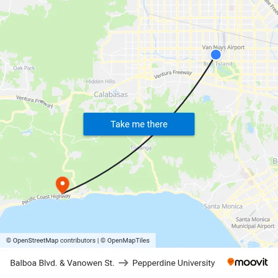 Balboa Blvd. & Vanowen St. to Pepperdine University map