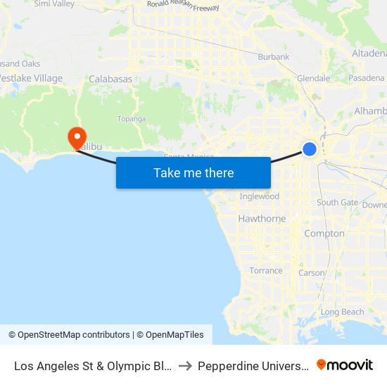 Los Angeles St & Olympic Blvd to Pepperdine University map