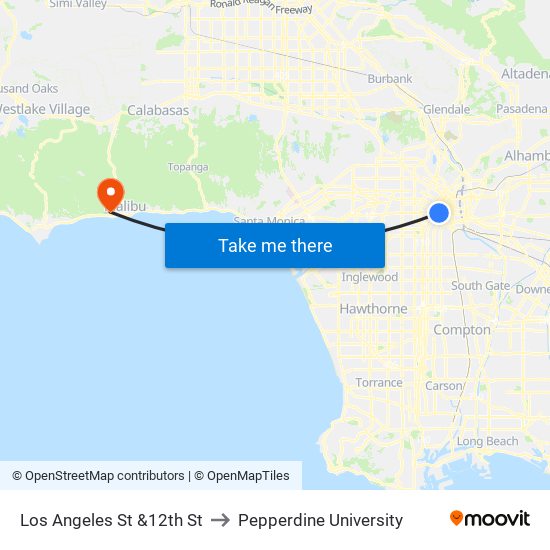 Los Angeles St &12th St to Pepperdine University map