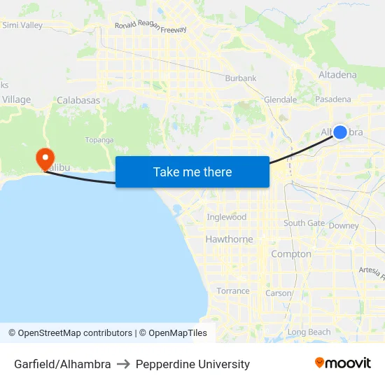 Garfield/Alhambra to Pepperdine University map
