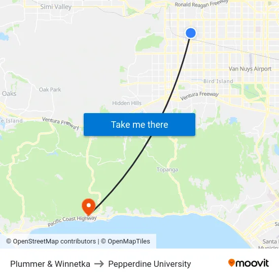 Plummer & Winnetka to Pepperdine University map