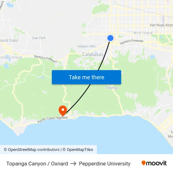 Topanga Canyon / Oxnard to Pepperdine University map
