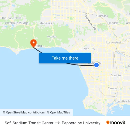 Sofi Stadium Transit Center to Pepperdine University map