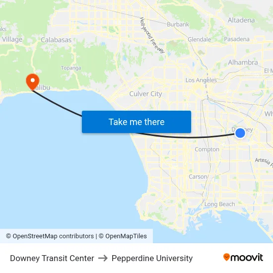 Downey Transit Center to Pepperdine University map