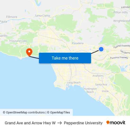 Grand Ave and Arrow Hwy W to Pepperdine University map
