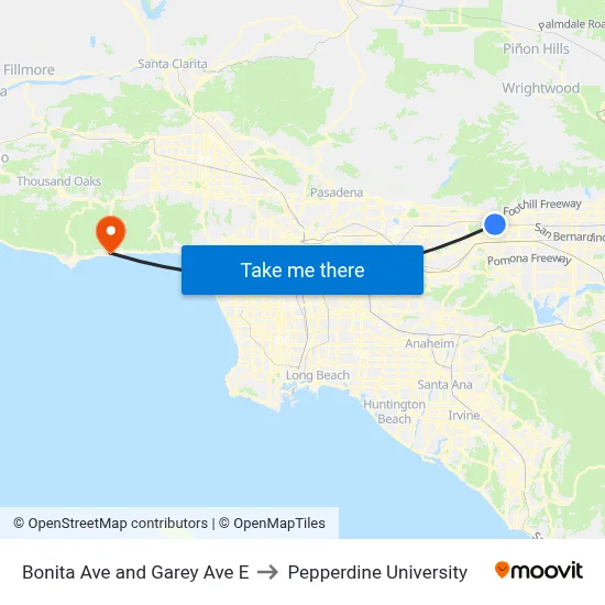 Bonita Ave and Garey Ave E to Pepperdine University map