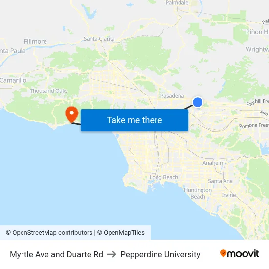 Myrtle Ave and Duarte Rd to Pepperdine University map
