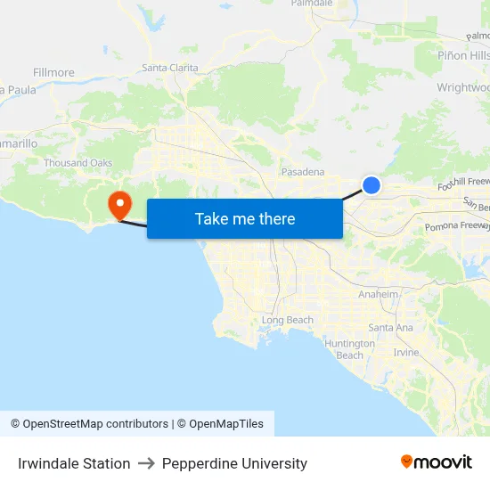 Irwindale Station to Pepperdine University map