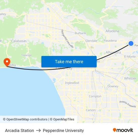 Arcadia Station to Pepperdine University map