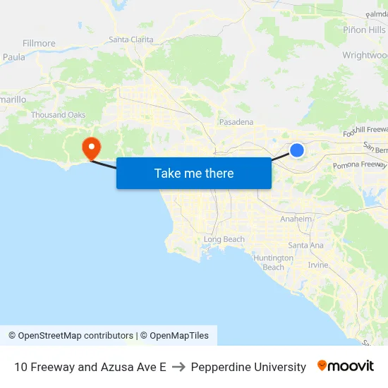 10 Freeway and Azusa Ave E to Pepperdine University map
