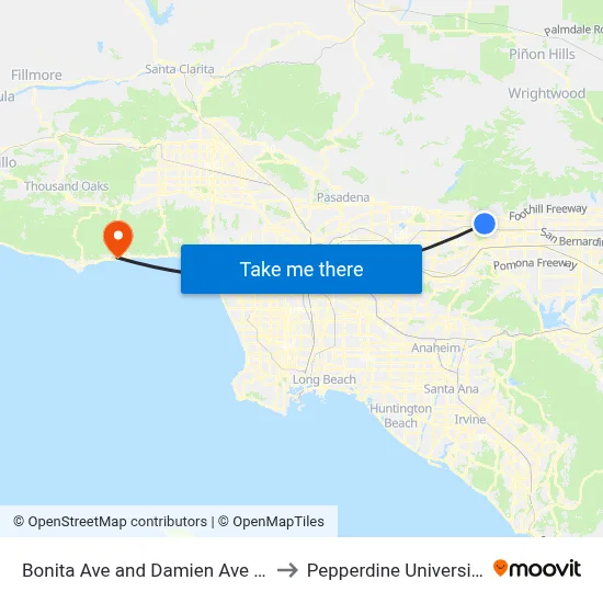 Bonita Ave and Damien Ave W to Pepperdine University map