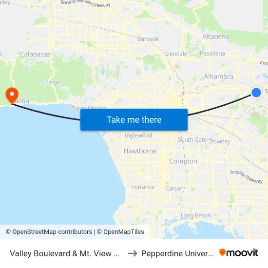 Valley Boulevard & Mt. View Road to Pepperdine University map