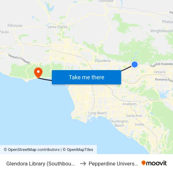 Glendora Library (Southbound) to Pepperdine University map
