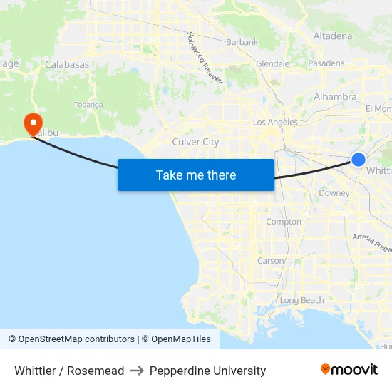 Whittier / Rosemead to Pepperdine University map