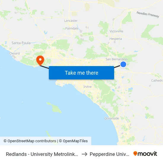 Redlands - University Metrolink Station to Pepperdine University map