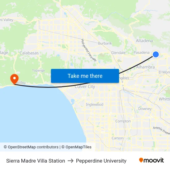 Sierra Madre Villa Station to Pepperdine University map
