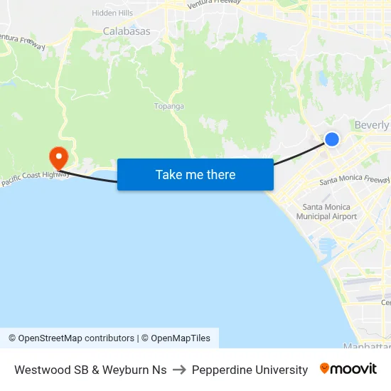 Westwood SB & Weyburn Ns to Pepperdine University map