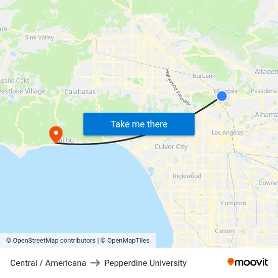 Central / Americana to Pepperdine University map
