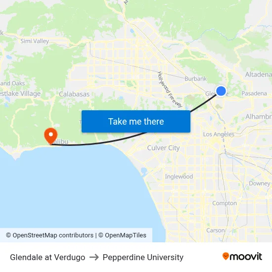 Glendale at Verdugo to Pepperdine University map