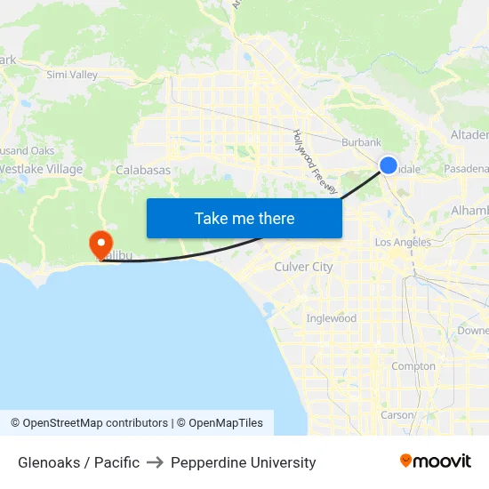 Glenoaks / Pacific to Pepperdine University map