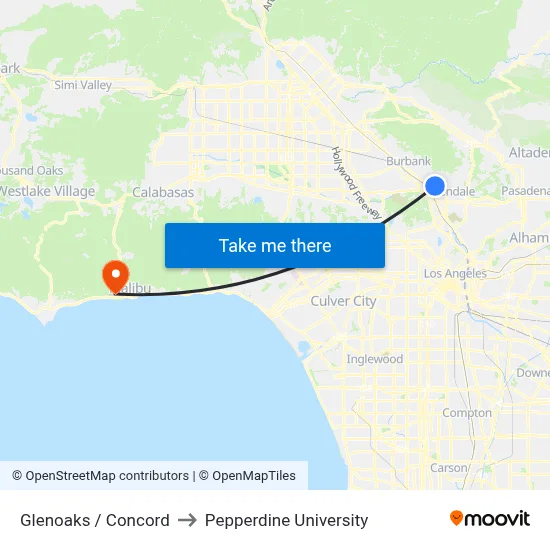 Glenoaks / Concord to Pepperdine University map