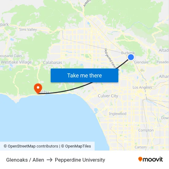 Glenoaks / Allen to Pepperdine University map