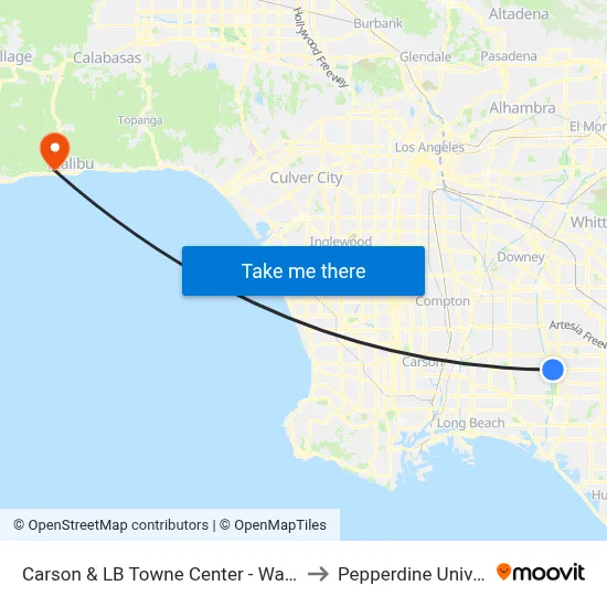 Carson & LB Towne Center - Walmart SE to Pepperdine University map